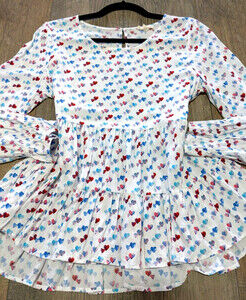 JANE Delaney Top Womens Small White Heart Print Long Sleeve Ruffle Waist Casual